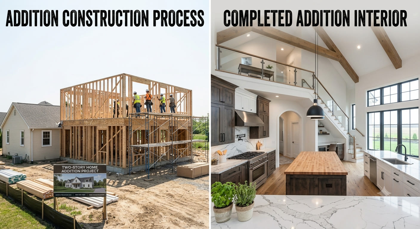Two-story home addition — construction to finished interior