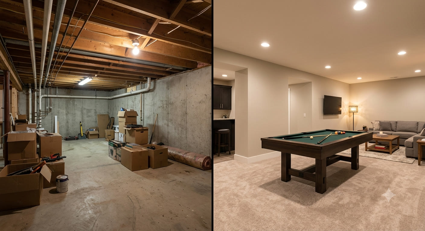 Basement finish before and after