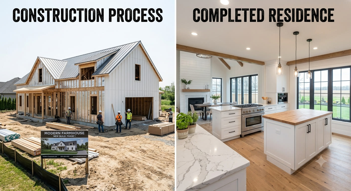Modern farmhouse custom home — framing to finished residence